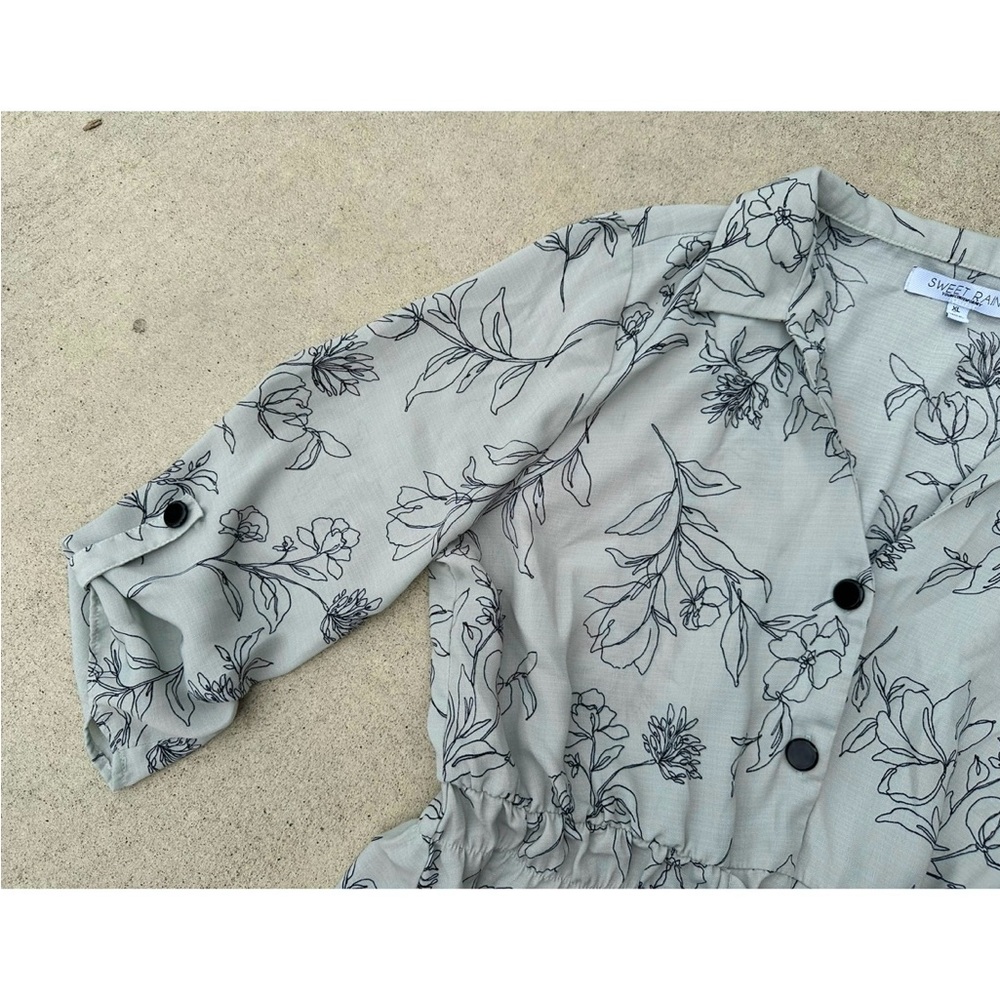 Sweet Rain XL mint aqua blouse tie waist button up collared top office floral - Picture 3 of 3